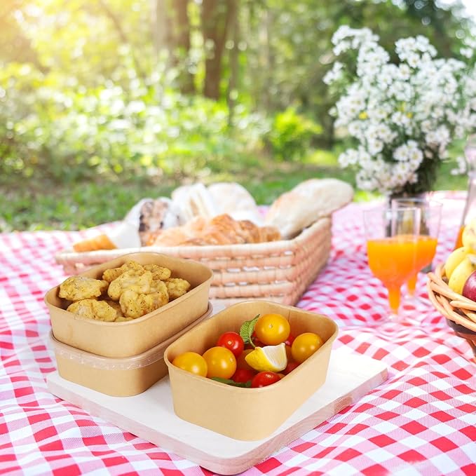 50 Sets 17oz Disposable Kraft Paper Bowls with Lids, Rectangle Paper Food Containers with Lids, Salad Bowls for Hot/Cold Food, Soup, Meal Prep, Ice Cream, Takeout, Party Supplies(500ml)