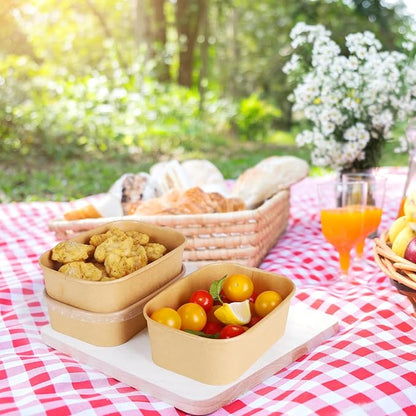 50 Sets 17oz Disposable Kraft Paper Bowls with Lids, Rectangle Paper Food Containers with Lids, Salad Bowls for Hot/Cold Food, Soup, Meal Prep, Ice Cream, Takeout, Party Supplies(500ml)