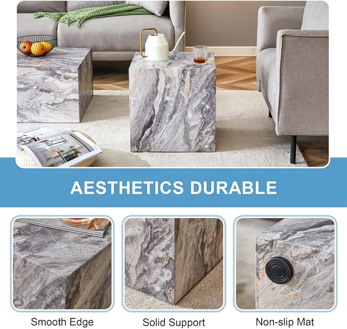 Side Table, End Table Living Room Table, Modern Sofa Couch Table, Faux Marble - Image 5