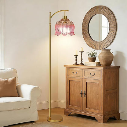 QIYIZM Pink Floor Lamp for Living Room, Glass Gold Dimmable Standing Lamp - Image 3