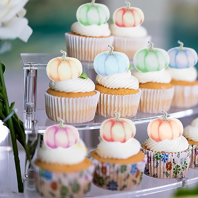 40Pcs Edible Pumpkin Cupcake Toppers Autumn Thanksgiving Theme Party Wafer Paper Color Pumpkin Cupcake Toppers Baby Gender Reveal Party Supplies