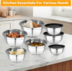7 Piece Metal Mixing Bowls with Lids Set, Stainless Steel Nesting Design Salad Mixing Bowl Set for Kitchen Cooking, Baking, Prepping and Serving Food (Size 0.7, 1.1, 1.5, 2.1, 3.5, 4, 4.5QT)