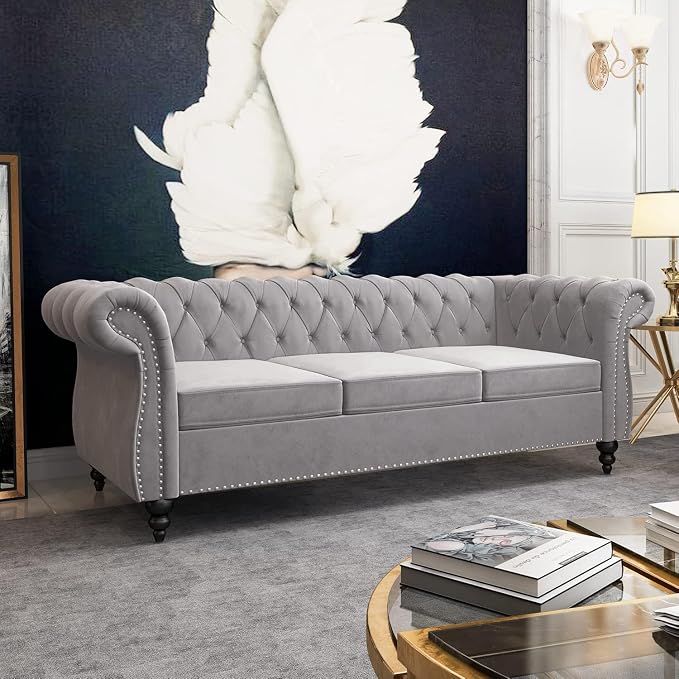 Mid-Century 3 Seater Sofa, Velvet Couch - Image 6