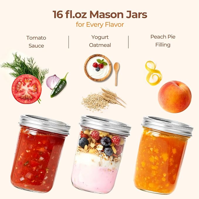 ComSaf Wide Mouth Mason Jars 16oz - 8 Pack, Pint Mason Jars with Lids and Seal Bands, Glass Canning Jars for Pickling, Jam, Jelly, Honey, Salad, Desert, Shower Wedding Favors, DIY Candles Decor