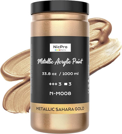 Nicpro Metallic Sahara Gold Acrylic Paint 33.8oz/1000ml, Non Toxic Non Fading by Nicpro