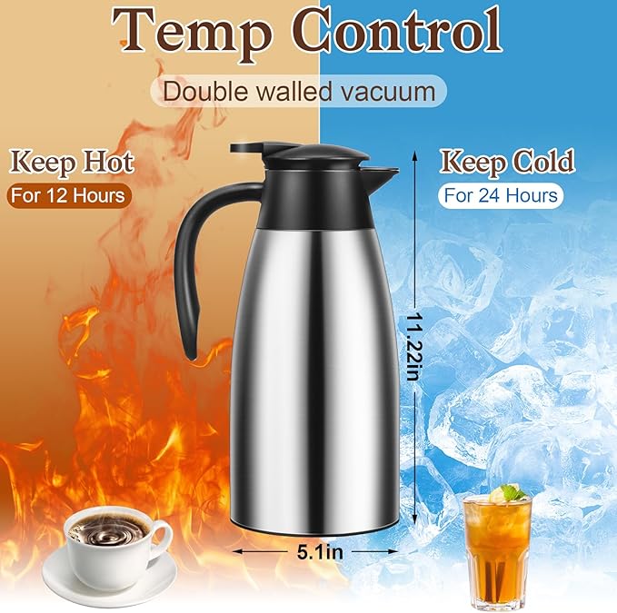 2 PCS 68 OZ Thermal Coffee Carafe, Insulated Stainless Steel Coffee Carafe Double Walled Vacuum Thermal Pot Flask with Brushes Thermos for Keeping Hot Coffee Tea Home and Office (Silver)