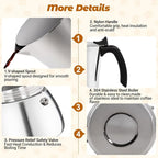 No Coating 9 Cup Thickened 304 Stainless Steel Moka Pot Stovetop Espresso Maker Italian Coffee Machine 450ml 15oz Suitable for Gas Induction Stovetop Greca Coffee Maker Percolator