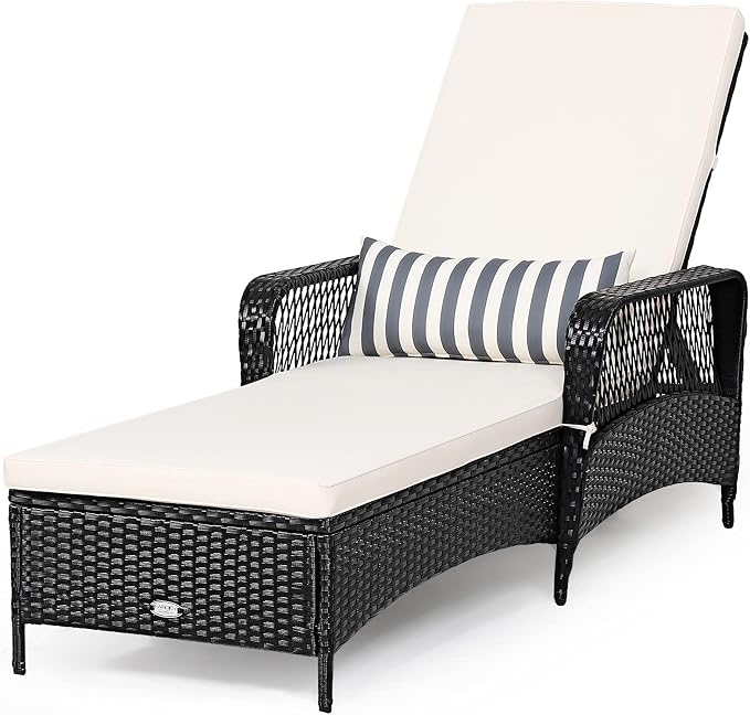 COSTWAY PE Rattan Chaise Lounge Chair Armrest Recliner Adjustable Pillow Black by COSTWAY