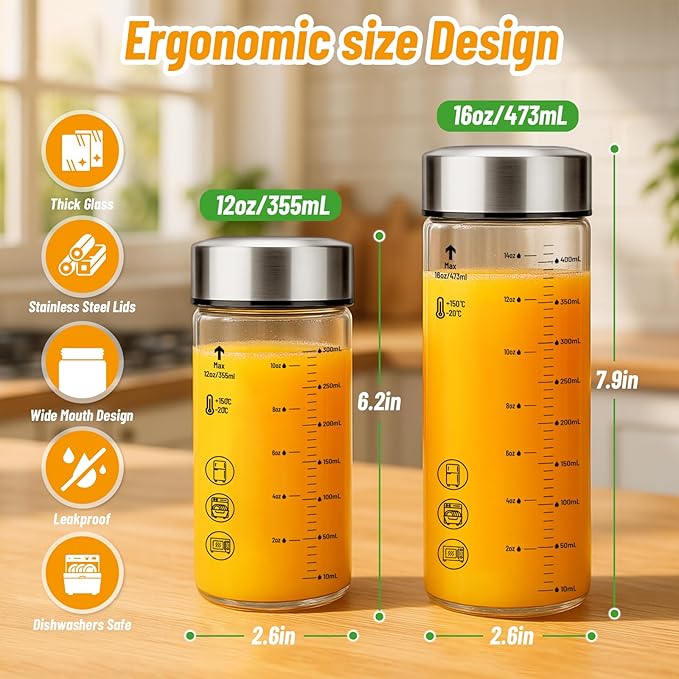 12oz Glass Water Bottles with Lids, 4 Pack Reusable Wide Mouth Juice Bottles with Stainless Steel Caps, Leakproof Borosilicate Glass for Juicing, Smoothies & Storage, BPA-Free,Dishwasher Safe