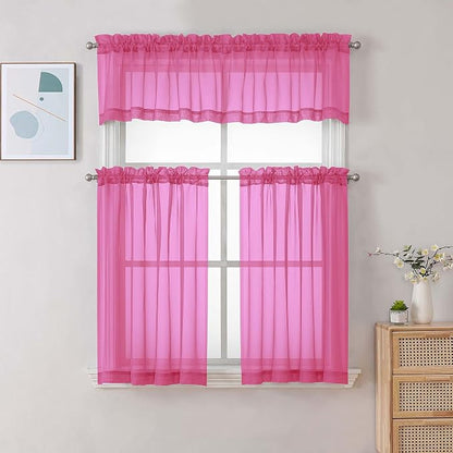 Chyhomenyc Sheer Hot Pink Tier Curtains 24 Inch Length Set, Small Window - Image 2