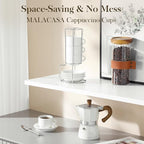 MALACASA 2.5 OZ Porcelain Espresso Cups with Saucers and Metal Stand Set of 4, Stackable Cappuccino Cups, White Expresso Shots Cup Set for Coffee Drinks, Latte, Tea