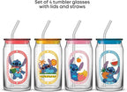 JoyJolt Disney Stitch Island Vibes Glass Tumblers with Lids and Straws, 16oz Glass Cups with Lids and Straws, Can Shaped Drinking Glasses Set of 4, Stitch Stuff, Disney Gifts for Adults
