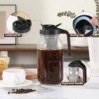Cold Brew Coffee Maker Pitcher 64-ounce Glass Wide Mouth Mason Jar with Stainless Steel Filter and Pour Spout Handle Lid (Black, 64Ounce)