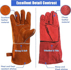 QeeLink Welding Gloves - Heat Resistant Leather and Fireproof Stitching for Fireplace Fire Pit Wood Stove BBQ Gardening Gear