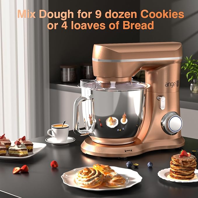 Mini Angel Stand Mixer,10-Speed 5QT Kitchen Electric Mixer,Tilt-Head Food Mixer with Dough Hook, Wire Whisk, Flat Beater, Stainless Steel Bowl (Champagne)