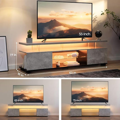 Cubehom Grey TV Stands for Living Room, Glass TV Stand, LED TV Stand for 75+ - Image 2