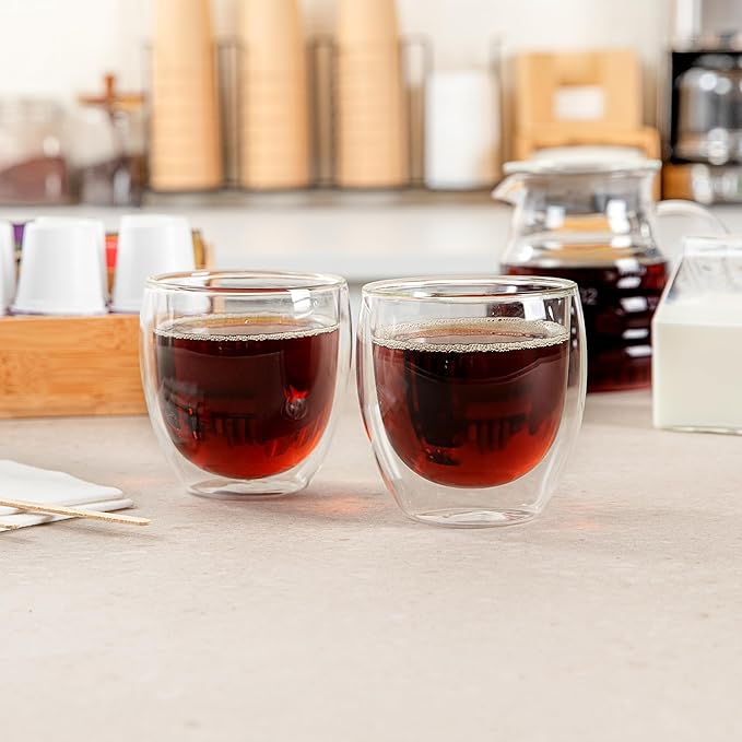 Restaurantware-Forma Professional 8.5 Ounce Double Wall Coffee Cups, 2 Insulated Latte Glasses - Dishwashable, Reusable, Clear Glass Beverage Cups, Freezable, For Hot Or Cold Beverages