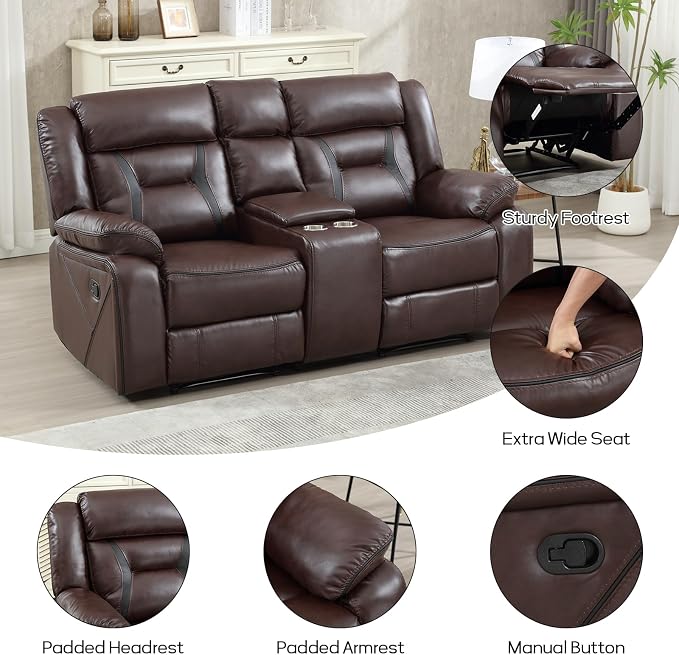 EBELLO Manual Recliner Sofa Set, Faux Leather Reclining Living Room Furniture - Image 3