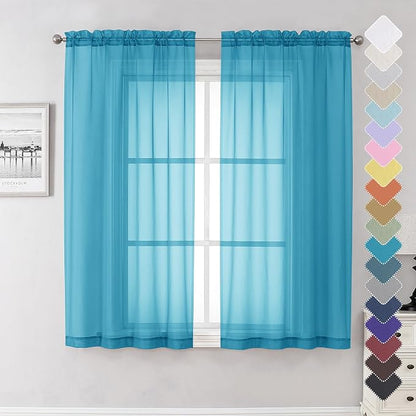 Turquoise Sheer Curtains 63 Inch Length 2 Panels, Light Filtering Voile Airy by Lecloud