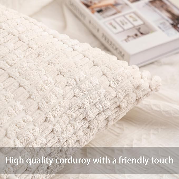 Pack of 2 Corduroy Decorative Throw Pillow Covers 12x24 Inch, Cream White | - Image 2