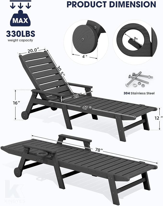 KINGYES HDPE Lounge Chair Outdoor Set of 2, Patio Chaise Lounge Recliner - Image 2
