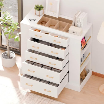 Drawer Dresser with LED Lights and Open Shelves, Modern Tempered Glass Top - Image 7