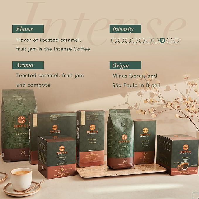 ORFEU - Special Coffee Intense - Drip Sachet - 100% Arabica Coffee, Dark Roast, Aroma of Toasted Caramel & Fruit Jam, Low Acidity, Made In Brazil, Velvety Body - 10 Units, 100g (Pack of 2)