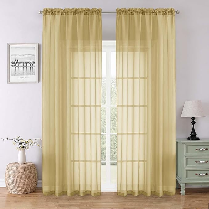 Gold Sheer Curtains 90 Inches Long 2 Panels Set, Living Room Curtains by Lecloud