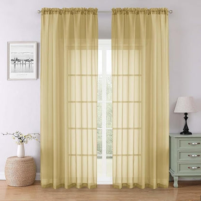 Gold Sheer Curtains 90 Inches Long 2 Panels Set, Living Room Curtains by Lecloud