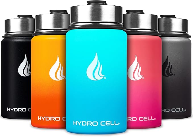 HYDRO CELL Stainless Steel Insulated Water Bottle with Straw - For Cold & Hot Drinks - Metal Vacuum Flask with Screw Cap and Modern Leakproof Sport Thermos for Adults (Teal/Blue 14oz)