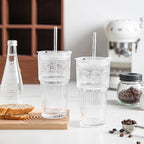 INSETLAN 20oz Ribbed & Floral Glass Tumblers with Lids and Glass Straws, Set of 4 – Iced Coffee Cups, Reusable Drinking Glasses for Water, Smoothies, Tea, and Juice – Perfect for Travel & Daily Use