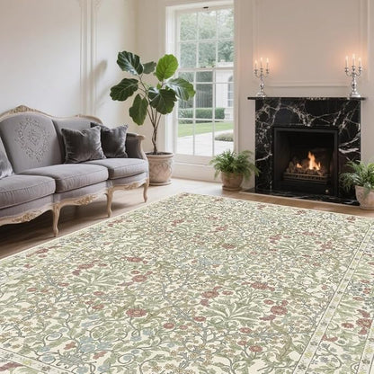 Vintage Light Green Living Room Rug, 5x7 Washable Area Rugs - Image 2