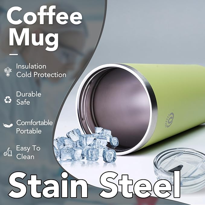 Insulated Coffee Mug with Lid, Reusable Stainless Steel Travel Coffee Cup, 16 Oz Double Wall Vacuum Spill Proof Tumbler Cups for Men and Women Hot & Cold Drinks（Olive）
