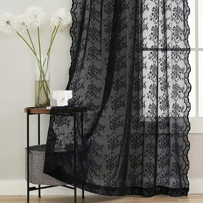 YJ YANJUN Vintage Lace Curtains 84 Inches Long-Victorian Floral Pattern Black - Image 6