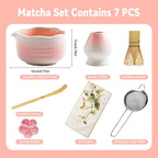Matcha Whisk Set Ceramic Matcha Set Includes Bowl,Spout Bamboo Chasen Whisk with Ceramic Holder, Matcha Scoop and Stainless Sifter, Matcha Kit for Women,Gift for Matcha Lovers(7Pcs,Pink)