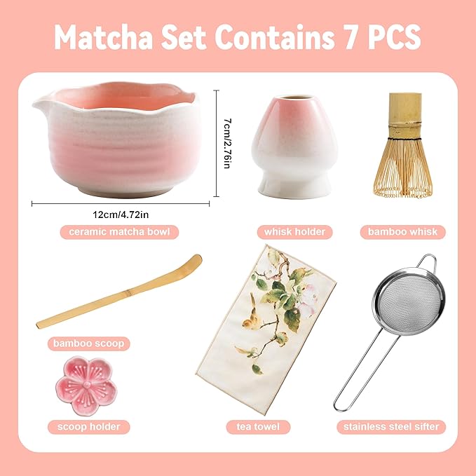 Matcha Whisk Set Ceramic Matcha Set Includes Bowl,Spout Bamboo Chasen Whisk with Ceramic Holder, Matcha Scoop and Stainless Sifter, Matcha Kit for Women,Gift for Matcha Lovers(7Pcs,Pink)