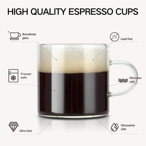 4-Pack 4oz Espresso Cups Espresso Shot Glasses with Handle, Small Glass Coffee Cups, Espresso Mugs Demitasse Cups Cappuccino Cup for Hot or Cold Latte, Tea, Microwave Dishwasher Safe
