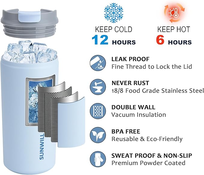 SUNWILL Insulated Coffee Mug with Lid, Leak Proof Tumbler Stainless Steel, 12 oz Travel Cup for Office, Home, Powder Coated Iceberg