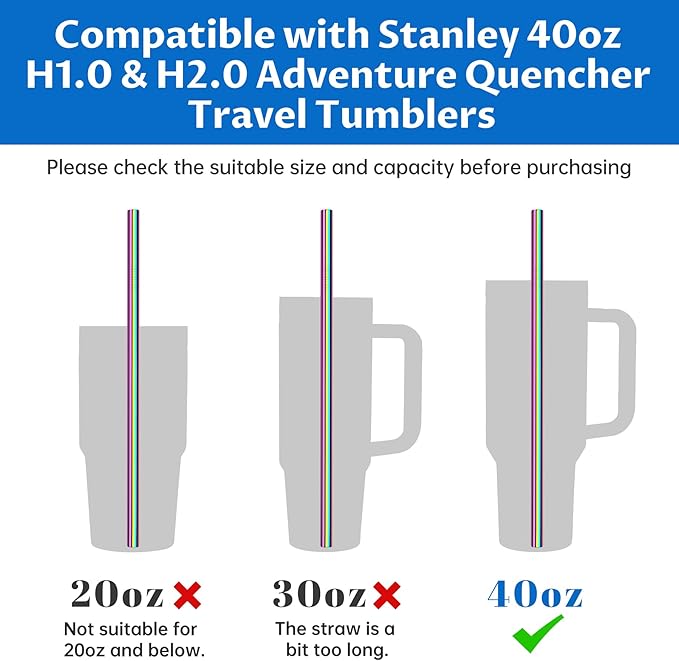 Tomorotec 40oz Straws, 14PCS Stainless Steel Replacement Straws for Stanley 40oz Adventure Quencher Travel Tumblers w/Cleaning Brushes 2PCS, Food-Grade, Dishwasher Safe for Smoothies (Metallic)