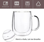CNGLASS Glass Coffee Mugs 12oz,Double Wall Insulated Mug Set with Handle,Clear Glass Espresso Mugs for Latte,Cappuccino,Tea Bag,Hot and Cold Beverages,Set of 2