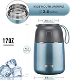 Insulated Thermo Food Jar for Hot & Cold Food for Kids Adult, 17 oz Soup Thermal Hot Food Containers for Lunch, Triple Layer Insulation Stainless Steel Food Jar with Spoon (Lightblue)