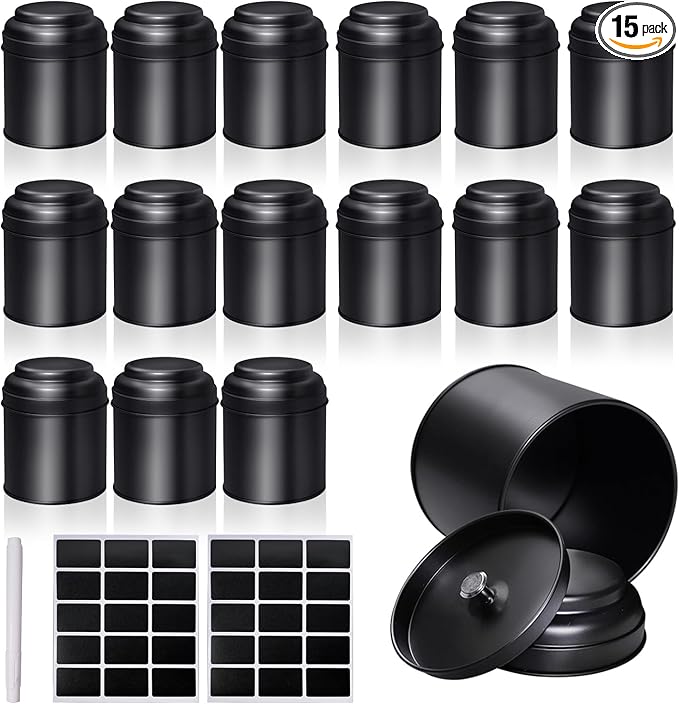 15 Pieces Tea Canisters 8 oz Round Tin Can Containers with Sealed Double Lids for Loose Leaf Tea,Coffee, Sugar, Candy, Spices Storage(Black)