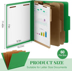 60 Pcs Classification Folders Letter Size, Back to School Supply for Teacher, Student, 3 Dividers Pressboard File Folder Bulk with 2 Fasteners, 3.5 Inch Expanding File Organizer (Green)