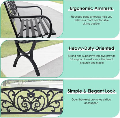 FDW Outdoor 50 Inches Garden Bench, Slatted Seat Armrests Floral Design Backres - Image 5