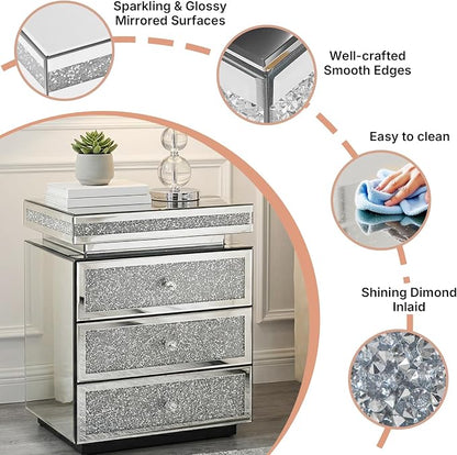 Modern Glam Glass Mirror Nightstand, 3-Drawer Luxury Mirrored Accent Table - Image 5