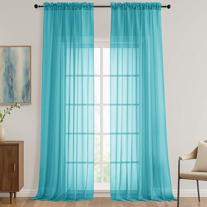 Turquoise Sheer Curtains 120 Inches Long 2 Panels Set, 59 Inch Extra Wide Soft by OVZME