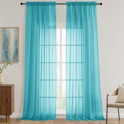 Sheer Turquoise Curtains 108 Inches Long 2 Panels Set, 59 Inch Extra Wide by OVZME