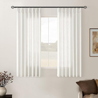 Beige White Pinch Pleat Linen Kitchen Curtains 45 Inches Long 2 Panels Set | by Twodrapes