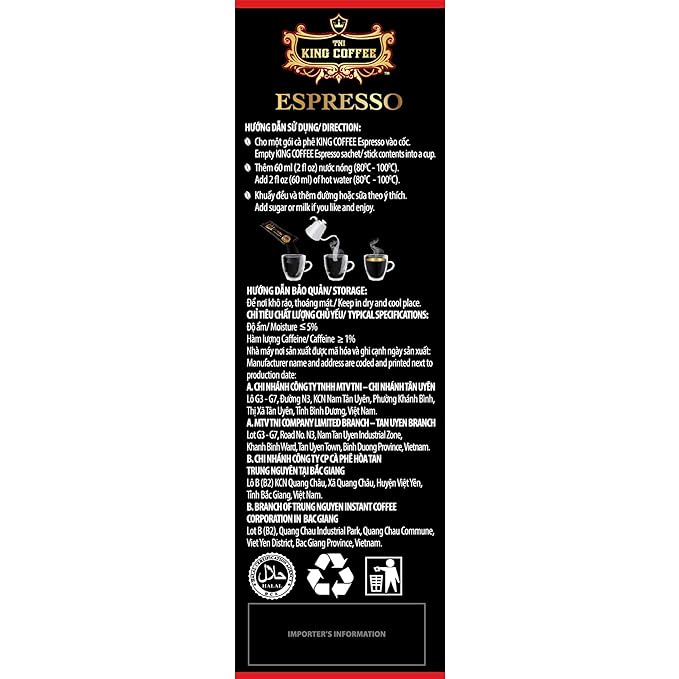 King Coffee Espresso Instant Coffee Vietnamese Coffee Trung Nguyen international Arabica Instant Coffee Mix Medium Roast 15 sticks per box x 2.5g - Pack of 12