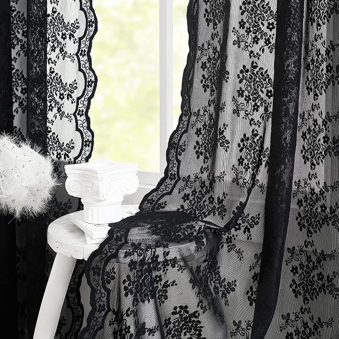 YJ YANJUN Vintage Lace Curtains 96 Inches Long Victorian Floral Gothic Black by YJYANJUN